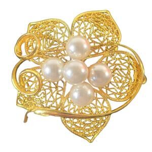 Gold Tone Filigree Flower Brooch w/ Faux Pearls